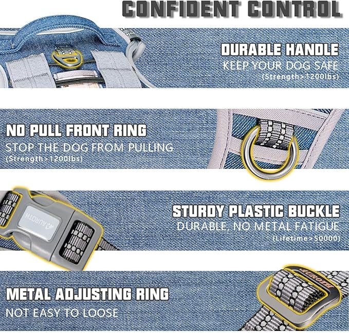 AUROTH Tactical Dog Harness for Small Medium Large Dogs No Pull Adjustable Pet Harness Reflective K9 Working Training Easy Control Pet Vest Military Service Dog Harnesses (M, Denim Blue)