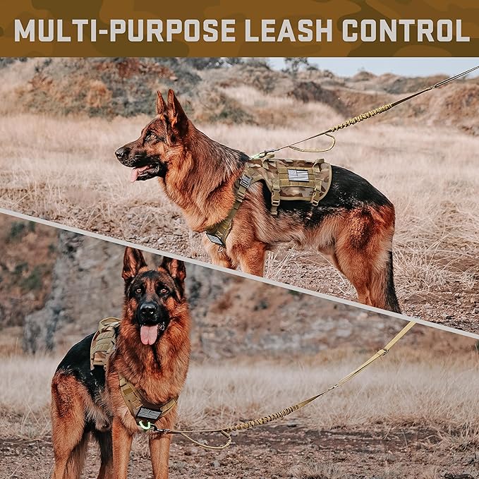 Forestpaw Tactical Dog Harness Tactical Dog Collar with Bungee Leash Set,No Pull Military Dog Harness for Walking Training,Adjustable for Medium Large Dogs,Camouflage Brown,Chest 15.5-25.5"