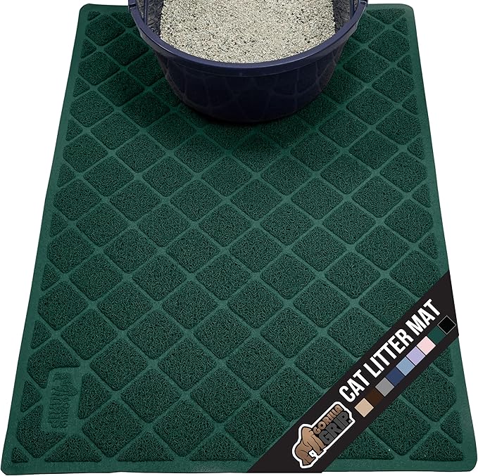 GORILLA GRIP Cat Litter Box Mat, 35x23, Water Resistant, US Designed Kitty Litter Trapping Mats, Easy to Clean, Scatter Control, Less Mess and Clean Floors, Kitten Supplies for Indoor Cats, Dark Green