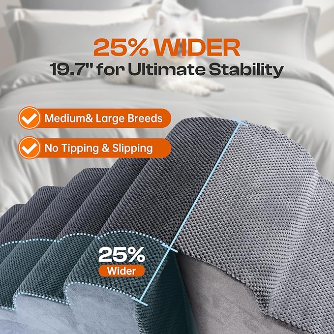 Extra Wide Dog Stairs for Large Dogs Up to 80lbs, 25" Pet Steps for High Bed with Washable Cover, 5-Step Foam Bed & Couch Ladder for Small Medium Dogs & Senior Cat, Gray