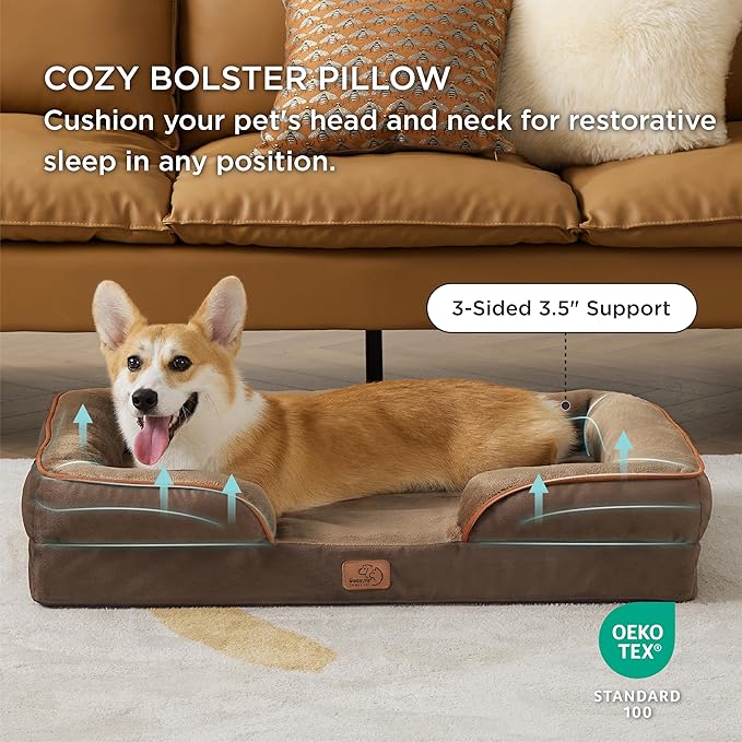 Bedsure Orthopedic Dog Beds Large Sized Dog - Washable Large Dog Cat Bed Waterproof, Comfort Dogs Couch Sofa with Washable Removable Cover, Pet Bed with Nonskid Bottom, Brown, 35"