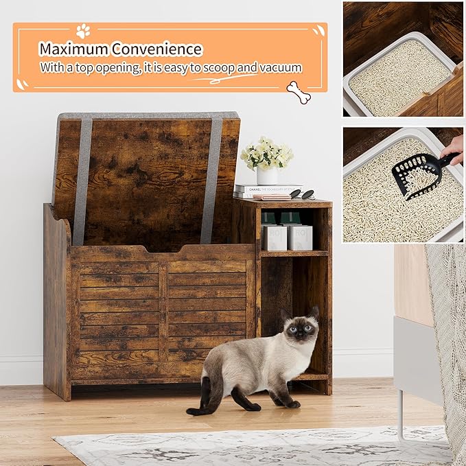 Cat Litter Box Enclosure Furniture with Top Opening and Cushion, Hidden Litter Box Cabinet with Storage, Privacy Cat Box Enclosure, Brown
