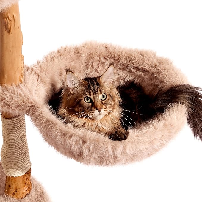 Aesthetic Cat Tree Tower for Large Cats, Large Cat Tree for Maine Coon Indoor Cats with Faux Fox Fur, Solid Wood Sisal Scratching Post, Hammock, Perches, Platform, Toy Ball