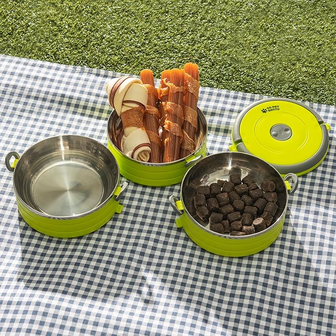 Healthy Human Travel Pet Bento Bowls - Human-Grade Stainless Steel & BPA-Free, Leak-Proof Water & Food Container Set for Dogs & Cats, 4-Pack Interlocking Bowls, Includes Spare Clips & Handle (Green)