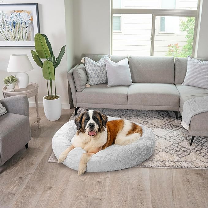 Best Friends by Sheri Original Calming Donut Dog and Cat Bed, Lux Faux Fur, Gray, XL (45in x 45in) - Anxiety Relief for Pets Up to 150 lbs