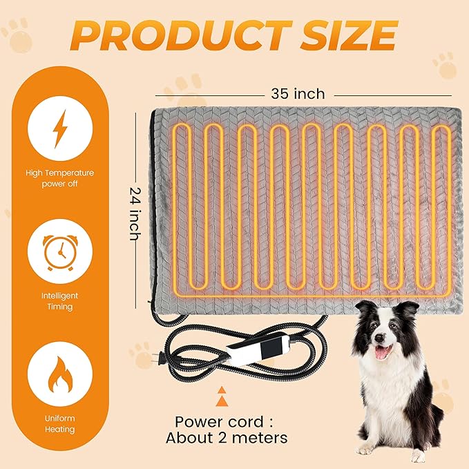 PatiencET 24"x35" Large Heated Dog & Cat Pad – Jumbo Dog Heating Mat with 6-Temp, 5-Timer, Chew-Proof Cord, Washable Outdoor-Indoor Warming Bed