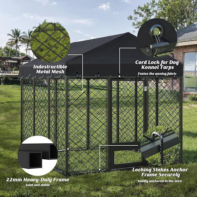 6x6FT Heavy Duty Outdoor Dog Kennel with Roof – Large Dog Enclosure & Weatherproof Dog House, Secure Metal Fence Playpen with Double Lock & Feeding Swivel Door for Big Dogs