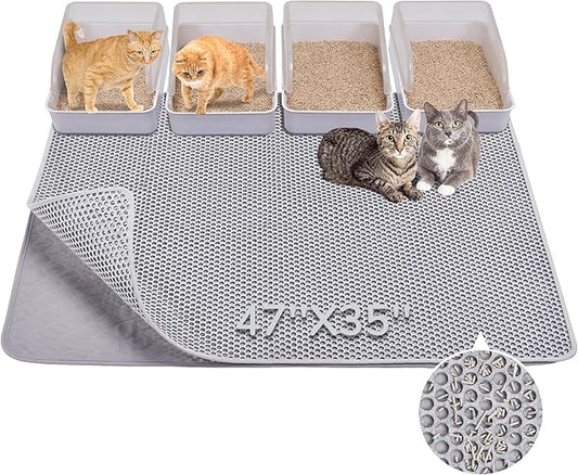 BurgeonNest Cat Litter Mat 47" x 35" Upgraded Felt & Fabric Material Cat Trapping Mat for Fewer Creases, Extra Large Hold 3-4 Litter Boxes Urine-Proof Non Slip, Machine Washable, Soft on Paws, Grey