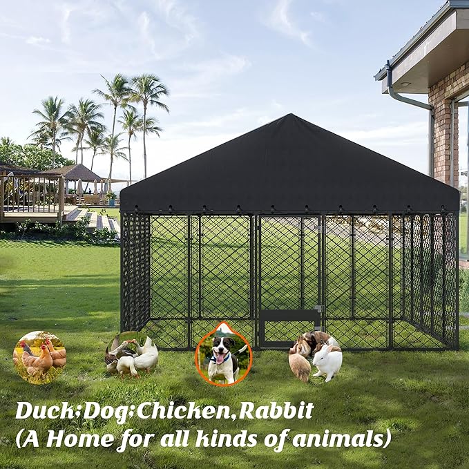 10 × 10 ft Heavy-Duty Outdoor Dog Kennel with Roof – Large Weather-Resistant Metal Dog Enclosure Playpen for Big Dogs with Double-Lock Feeding & Swivel Door