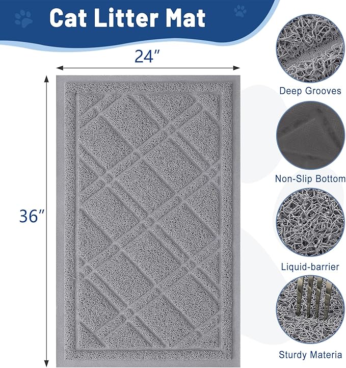 Smiry Cat Litter Box Mat 36x24, Non-Slip Water Resistant Litter Trapping Mat, Easy Clean Less Waste and Urine-Locking Cat Carpet for Indoor, Grey