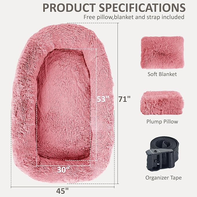 71" Human Dog Bed for Adult, Giant Orthopedic Memory Foam Dog Sofa Bed, Large Oversize Washable Faux Fur Pet Couch with Plump Pillow, Blanket, Strap - Pink