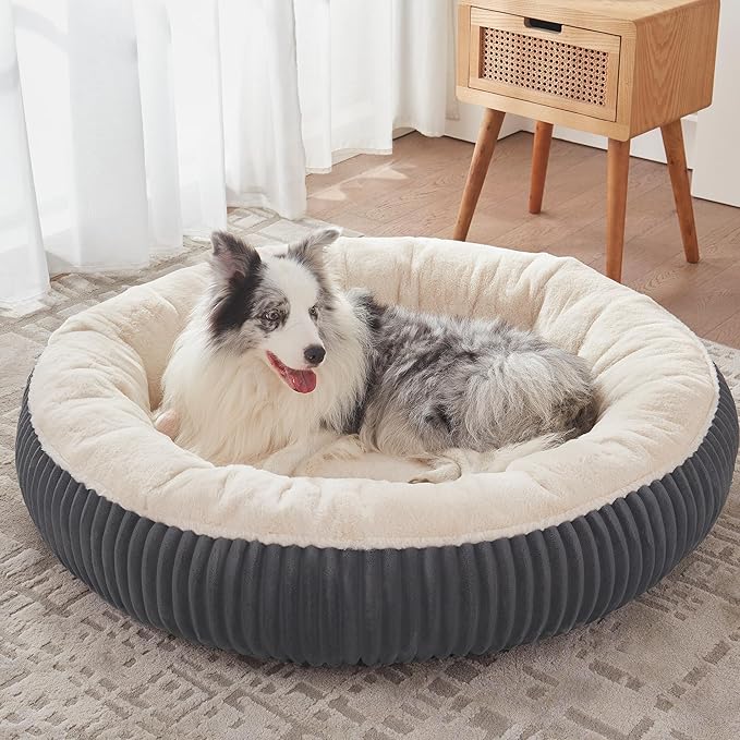 45 inches Donut Dog Bed for Extra Large Dogs,Calming Round Pet Bed with Removable Cover, Washable Milk Plush Faux Fur, Fits Pets up to 100 lbs(Dark Grey,XL)