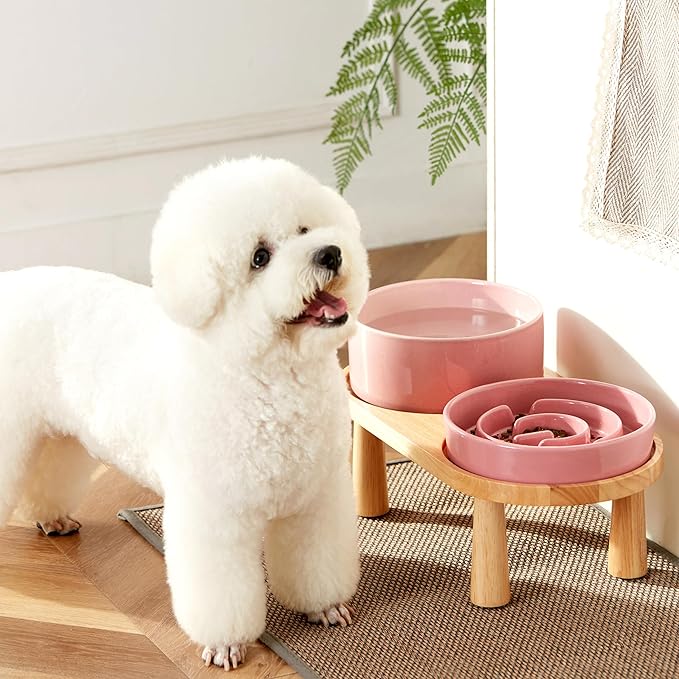 Ceramic Slow Feeder and Water Bowl Set for Medium and Large Dogs, 8.0inch Ceramic Dog Bowls Elevated with Wooden Stand, 2.0 Cups Dog Slow Feeder(30oz) and 70oz Water Bowl Set, Pink