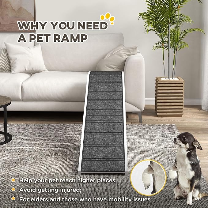 PawHut Dog Ramp for Bed, Pet Ramp for Dogs with Non-Slip Carpet and Top Platform, 74" x 16" x 25", White