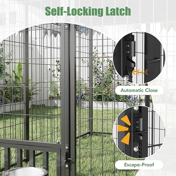 Heavy Duty Outdoor Dog Kennel for Yard, 6x6 Small Steel Chain Link Fence with Roof, Dog Run Enclosure with Feeding Bowl & Self-Locking Latch