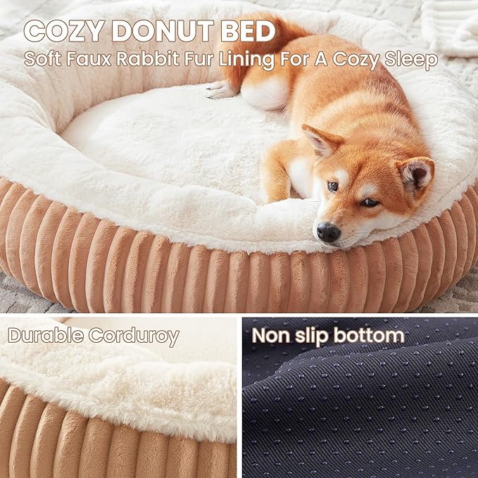 33 inches Donut Dog Bed for Medium Large Dogs,Calming Round Pet Bed with Removable Cover,Washable Milk Plush Faux Fur, Fits up to 50 lbs Pets(Brown,M Plus)
