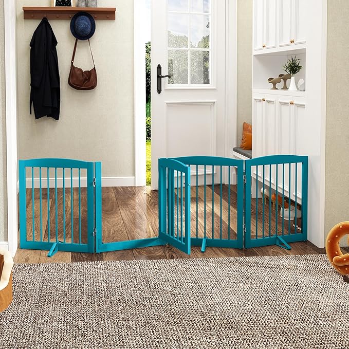 Freestanding Dog Gate with Door, Pet Gate for Stairs, 80 inch Wide Pet Barrier Indoor, Dog Fences Indoor, Support Feet Included, 4 Panels, 24" Tall, Blue
