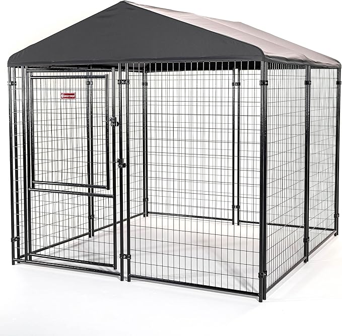 Lucky Dog Stay Series 8 x 8 Feet Executive Black Powder Coat Steel Frame Outdoor Dog Kennel with Waterproof Canopy Roof and Single Gate Door, Grey