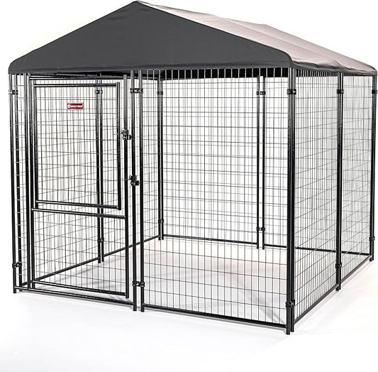 Lucky Dog Stay Series 8 x 8 Feet Executive Black Powder Coat Steel Frame Outdoor Dog Kennel with Waterproof Canopy Roof and Single Gate Door, Grey