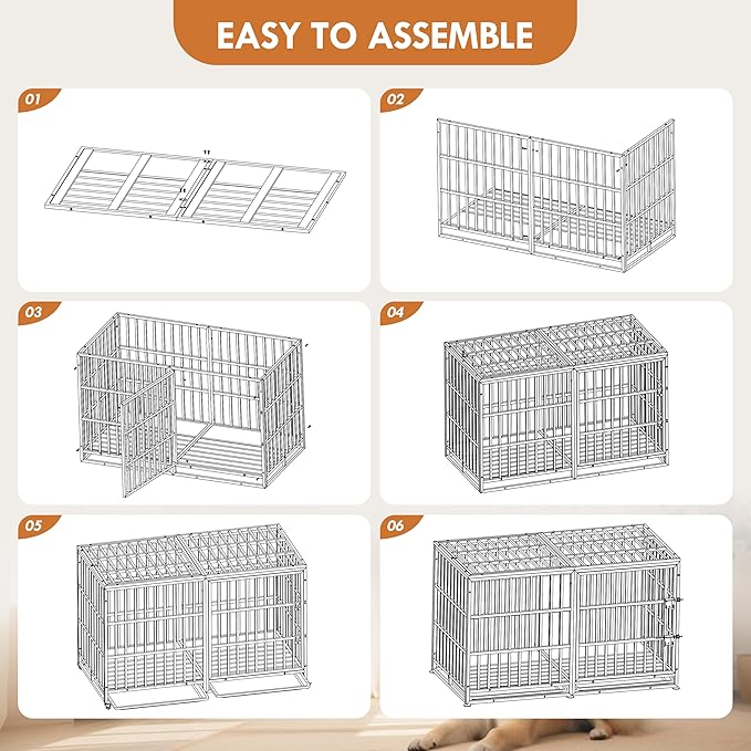 60 Inch Heavy Duty Dog Crate Cage with Cushion, Indestructible Escape Proof Large Metal Dog Kennel Furniture for Small Medium Large Dogs, Indoor High Anxiety Pets Crate with 2 Door and Removable Tray