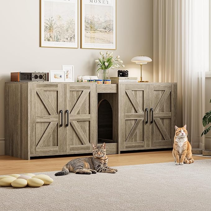 55" Cat Litter Box Enclosure, Double Litter Box Cabinet with Cat Bed, PVC Pad and Scratch Pad, Hidden Litter Box Furniture for 2 Cats with Storage and 2 Entrances, Grey