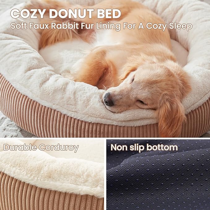 36 inches Donut Dog Bed for Large Dogs - Calming Round Pet Bed with Removable&Washable Cover, Plush Faux Fur & Corduroy, Fits Pets up to 80 lbs(Brown,Large)