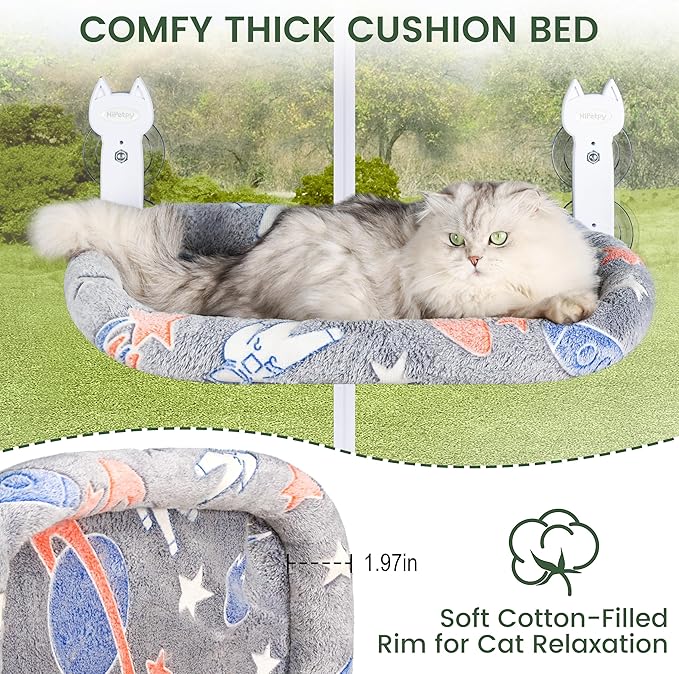Cat Window Perch, Glow in The Dark Foldable Cat Hammock with Cozy Pad Bed, Breathable Cordless Window Seat with Stud Metal Frame for Large Cats and Kitten (Cushion Bed, 1 Pack - M)