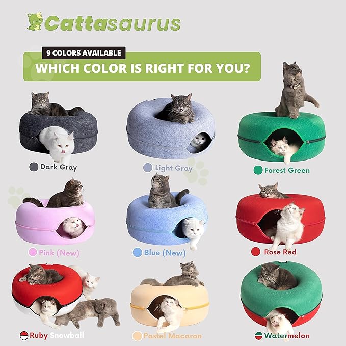 Cattasaurus Peekaboo Cat Cave Donut for Multiple & Large Cats up to 30-45 lbs, 3-in-1 Self Warming Cat Bed, Tunnel & Scratcher for Indoor Cats, Washable & Detachable Dog Bed (Forest Green, Large)