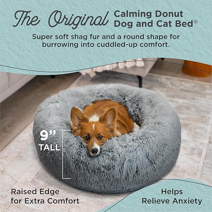 Best Friends by Sheri The Original Calming Donut Dog Bed – Washable Plush Pet Bed for Medium Breeds up to 45 lbs, Shag Faux Fur, Gray, Medium (30" x 30")