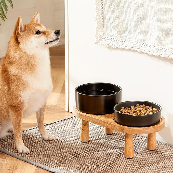 Ceramic Slow Feeder and Water Bowl Set for Small Dogs, 6.0inch Ceramic Dog Bowls Elevated with Wooden Stand, 0.6 Cups Dog Slow Feeder(14oz) and 30oz Water Bowl Set, Black