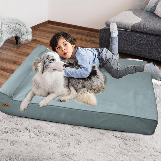 Sytopia XXL Memory Foam Dog Bed, 7 Inch Thick Extra Large Orthopedic Couch for Senior Dogs Over 100 Pounds, Water Resistant and Washable Cover, Liner, Light Blue