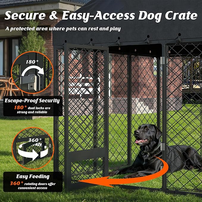 6x6FT Heavy Duty Outdoor Dog Kennel with Roof – Large Dog Enclosure & Weatherproof Dog House, Secure Metal Fence Playpen with Double Lock & Feeding Swivel Door for Big Dogs