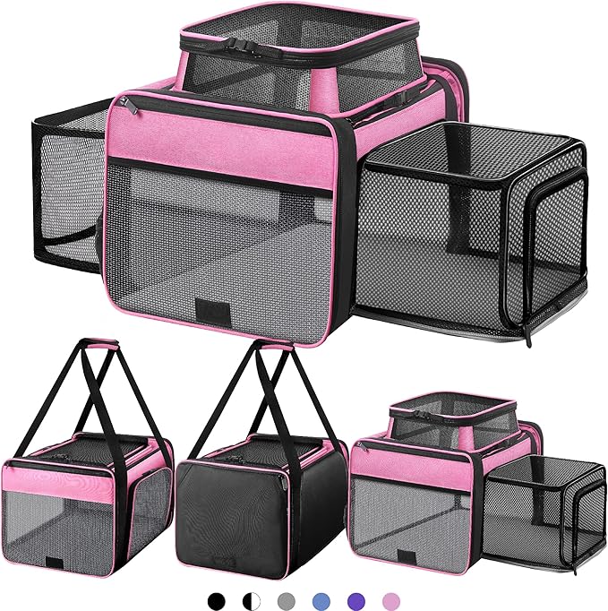 Top and 2 Sides Expandable Cat Carrier 18x11x11, TSA Airline Approved Dog Carriers for Medium Dogs, Soft-Sided Pet Carrier with Self-Locking Zippers for Kitten,Rabbit, Puppy, Guinea Pig Pink