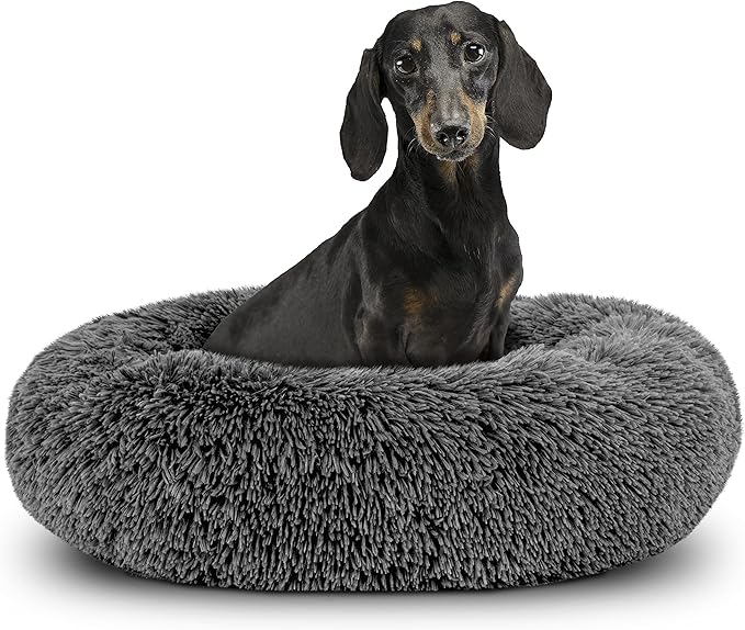 The Dog’s Bed Sound Sleep Donut Dog Bed, Small Dark Grey Fur Calming Nest Bed, Veterinary Approved