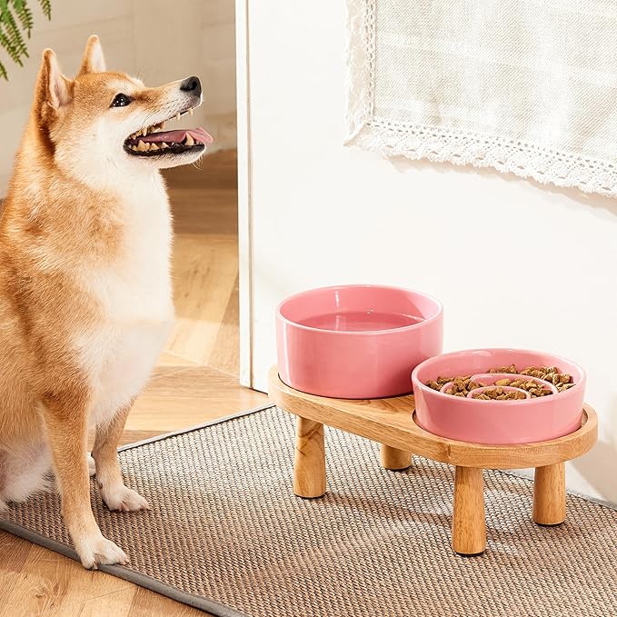 Ceramic Slow Feeder and Water Bowl Set for Small Dogs, 6.0inch Ceramic Dog Bowls Elevated with Wooden Stand, 0.6 Cups Dog Slow Feeder(14oz) and 30oz Water Bowl Set, Pink