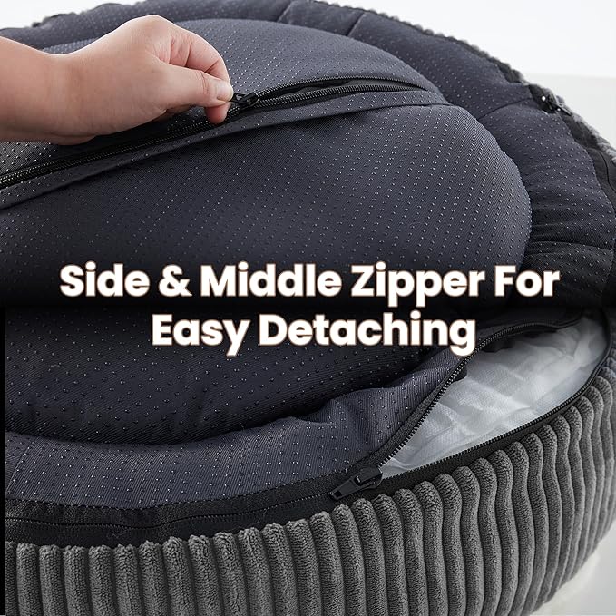 33 inches Donut Dog Bed for Medium Large Dogs,Calming Round Pet Bed with Removable & Washable Cover,Plush Faux Fur & Corduroy, Fits up to 50 lbs Pets(Dark Grey,M Plus)
