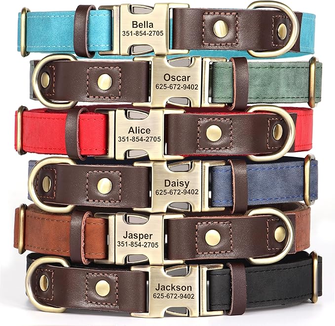 Personalized Dog Collars, Custom Soft PU Leather Dog Collar with Pet Name and Phone Number for Medium Dogs, Adjustable and Durable Pet Collars with Quick Release Metal Buckle,M(13-19")