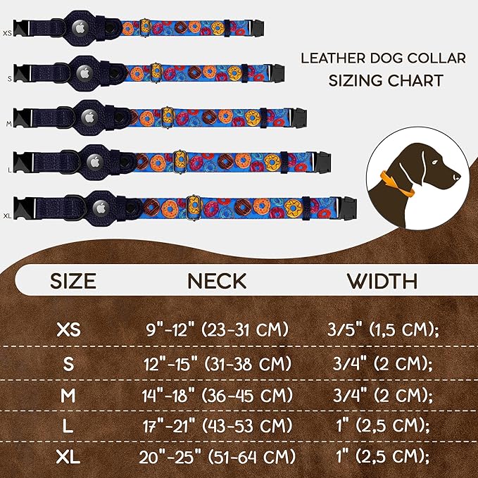 AirTag Dog Collar with Metal Buckle - Printed Nylon Soft Leather Dog Collar with Apple AirTag Holder - Secure Tracking GPS Pet Collars for Girl Boy Small Large Dogs (M, 14"-18" Neck Fit, Donuts)