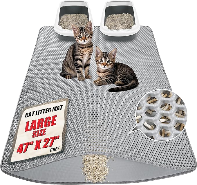 Large cat Litter mat, Jumbo Size (47" x 27") Gray, Double Layer, Waterproof, Odor-Free, Easy to Clean