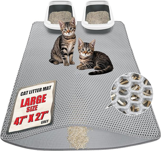 Large cat Litter mat, Jumbo Size (47" x 27") Gray, Double Layer, Waterproof, Odor-Free, Easy to Clean