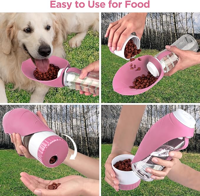 Dog Water Bottle, Pet Water Bottle with Food Container and Drinking Feeder, Leak Proof, BPA-Free, Portable Foldable Puppy Water Cup Dispenser for Outdoor Walking, Travel, Hiking Large Pink