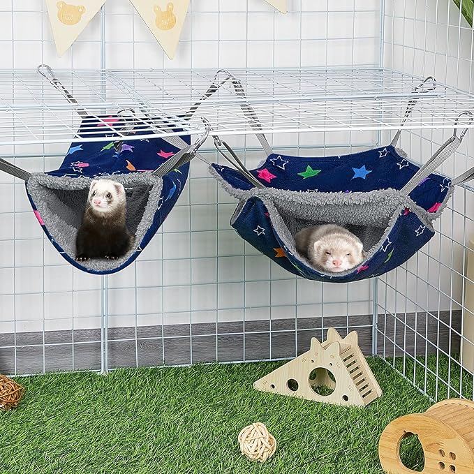 Bienbee 2 Pcs Ferret Rat Hammock Set for Cage Washable Guinea Pig Hideout Bed Soft Small Animal Hammock Tunnel Toys Ferret Cage Accessories for Hedgehog Sugar Glider Squirrel Hamster, Blue Stars