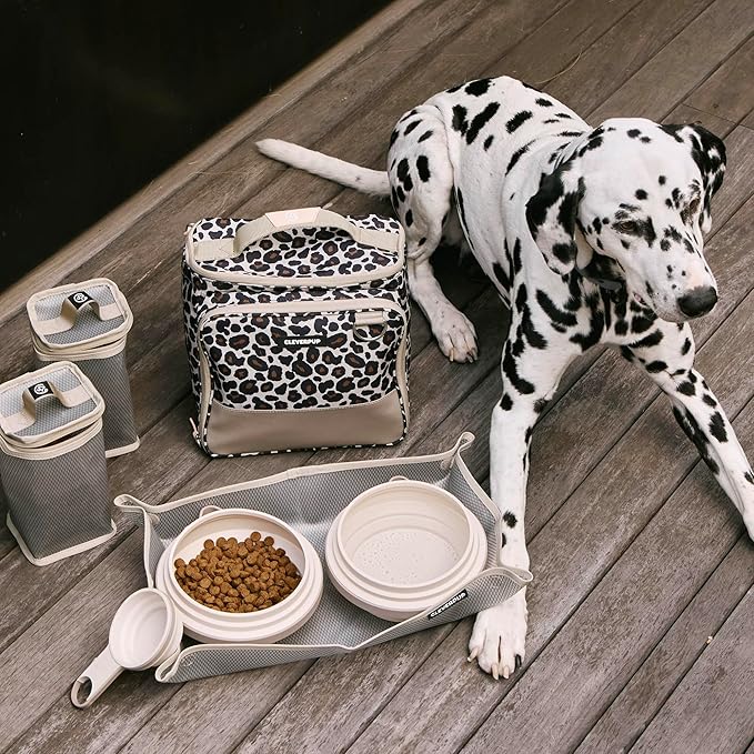 Large 7-Piece Bistro Box Dog Food Travel Kit, 12-Cup Kibble Storage, 2 Silicone Bowls, Mat & Scoop - Premium Portable Pet Food Kit for Weekends, Overnights, Daycare & Camping, Leopard