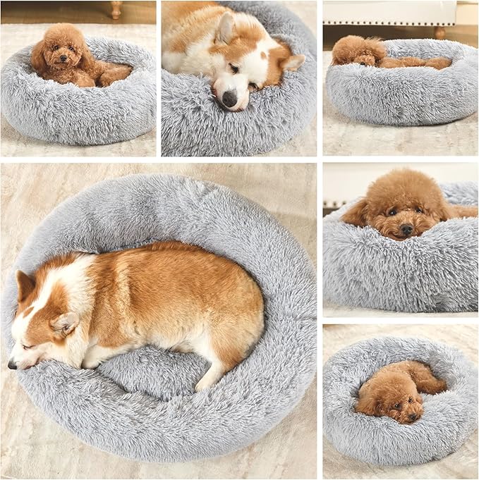 Dog Calming Beds for Small Medium Large Dogs - Round Donut Washable Puppy Dog Bed, Anti-Slip Faux Fur Fluffy Donut Cuddle Anxiety Cat Pet Bed(Light Grey 20")