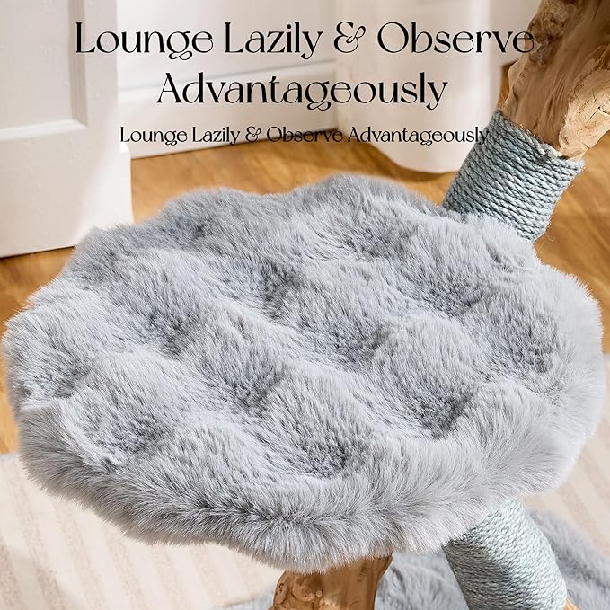 Solid Wood Cat Tree, Modern Cat Tree Tower for Large Indoor Cats, Natural Real Pear Wooden Aesthetic Cat Condo with Scratching Post for Adult Kittens-Grey