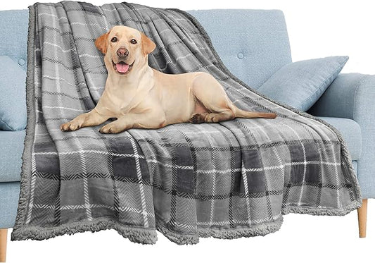 PAVILIA Waterproof Blanket for Couch, Sofa | Waterproof Dog Blanket for Large Dog, Puppy, Cat | Pet Blanket Protector | Plush Soft Warm Fuzzy Sherpa Blanket Bed Throw, Plaid Light Grey, 60x80