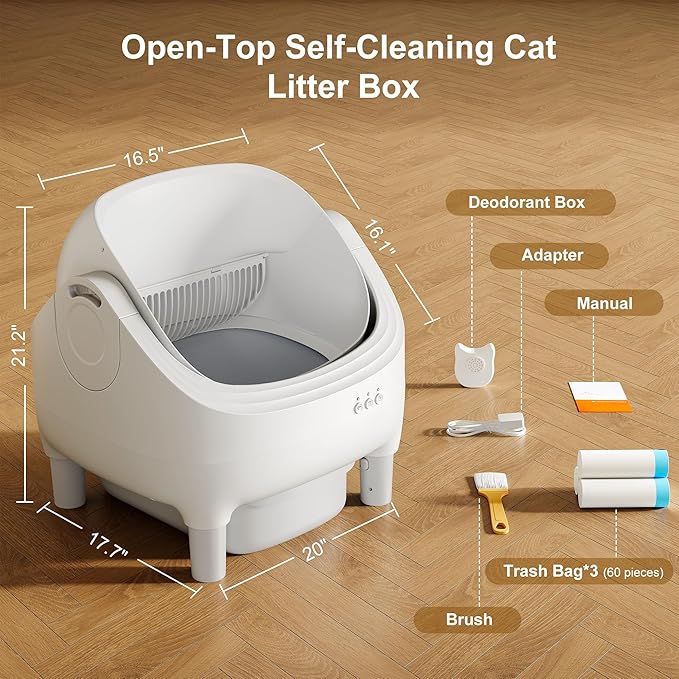 Open-Top Self-Cleaning Cat Litter Box, Automatic Litter Box for Multiple Cats with 10.5L Waste Bin, Advanced Safety Sensors, Quiet Operation, Easy to Clean (White)