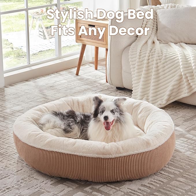 45 inches Donut Dog Bed for Extra Large Dogs,Calming Round Pet Bed with Removable & Washable Cover, Plush Faux Fur & Corduroy, Fits up to 100 lbs Pets(Brown,XL)