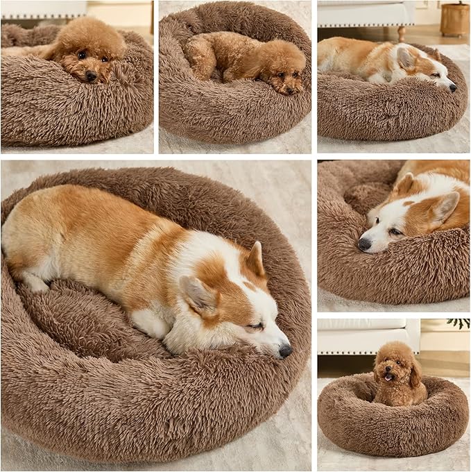 Dog Calming Beds for Small Medium Large Dogs - Round Donut Washable Puppy Dog Bed, Anti-Slip Faux Fur Fluffy Donut Cuddle Anxiety Cat Pet Bed(32'' Khaki