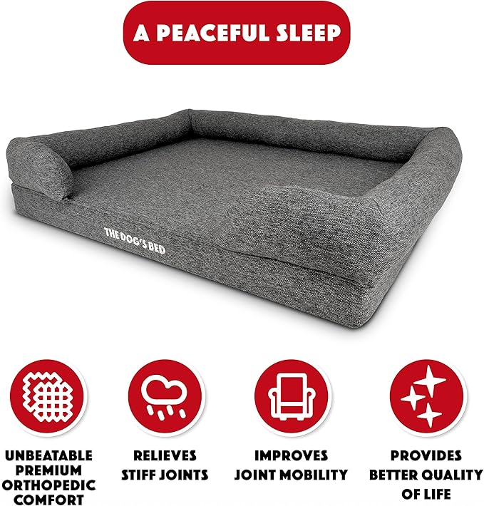The Dog’s Bed, XL Grey Poly-Linen, Memory Foam, Pain Relief: Arthritis, Hip & Elbow Dysplasia, Post Surgery, Lameness, Supportive, Calming, Waterproof Washable Cover, Veterinary Approved